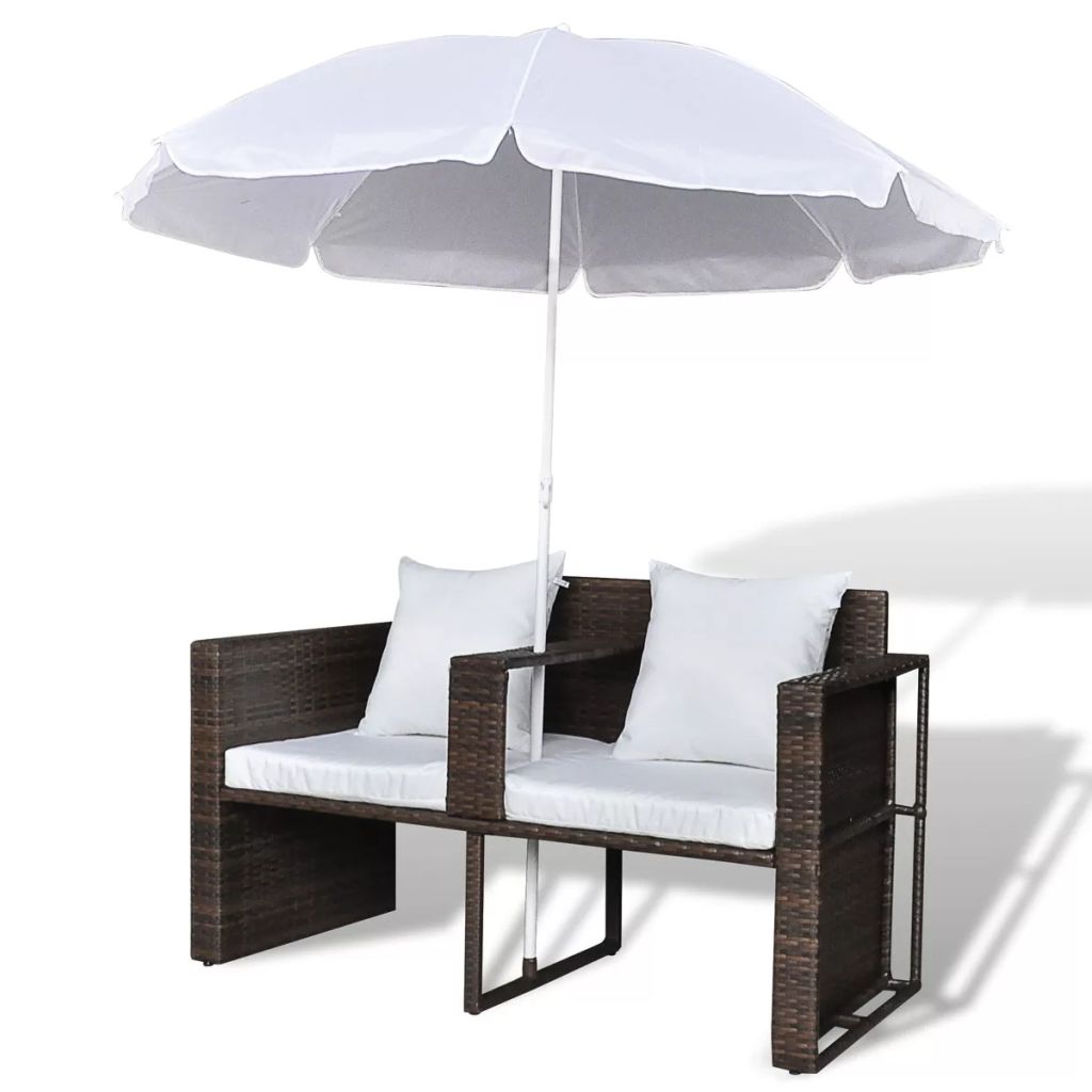 Gartenbett mit Sonnenschirm Braun Poly Rattan