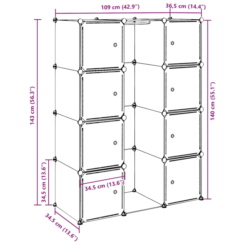 Modularer Schrank mit 9 Fächern 109x36,5x143 cm Weiß