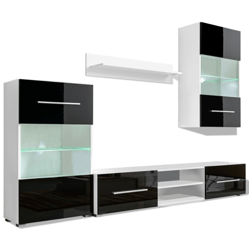 4-tlg. Wohnwand mit TV-Schrank & LED-Leuchten Hochglanz-Schwarz