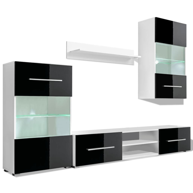 4-tlg. Wohnwand mit TV-Schrank & LED-Leuchten Hochglanz-Schwarz