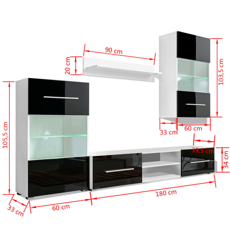 4-tlg. Wohnwand mit TV-Schrank & LED-Leuchten Hochglanz-Schwarz