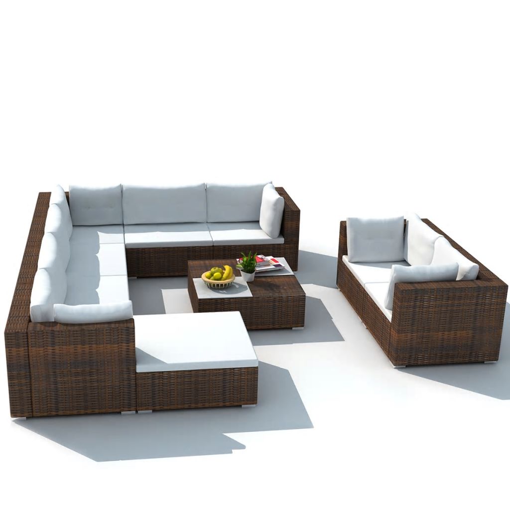 10-tlg. Garten-Lounge-Set mit Auflagen Poly Rattan Braun