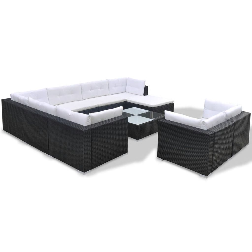 10-tlg. Garten-Lounge-Set mit Auflagen Poly Rattan Schwarz