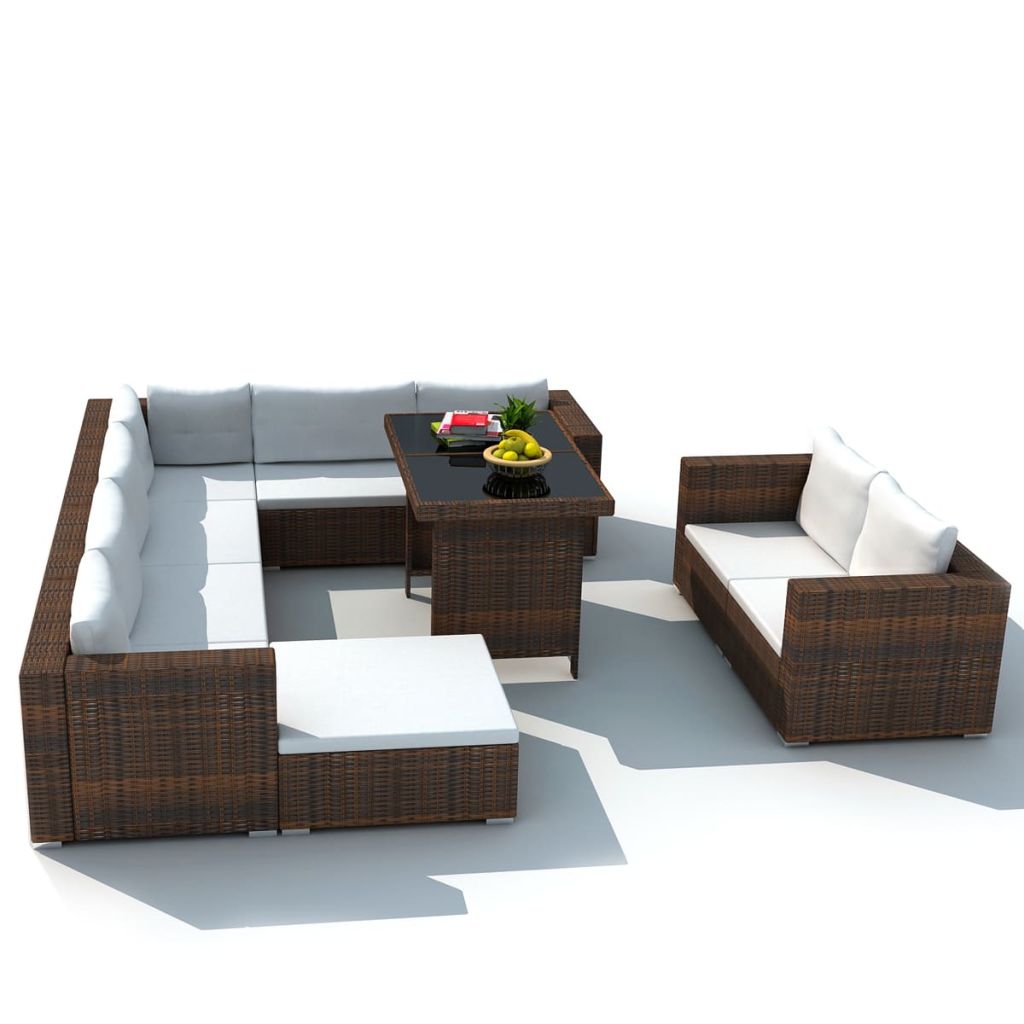 10-tlg. Garten-Lounge-Set mit Auflagen Poly Rattan Braun