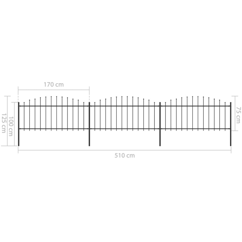 Gartenzaun mit Speerspitzen Stahl (0,5 - 0,75) x 5,1 m Schwarz