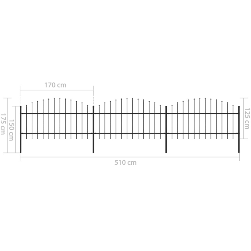 Gartenzaun mit Speerspitzen Stahl (1 - 1,25) x 5,1 m Schwarz