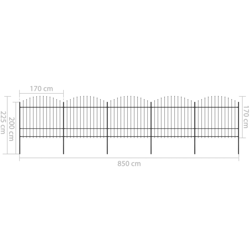 Gartenzaun mit Speerspitzen Stahl (1,5 - 1,75) x 8,5 m Schwarz