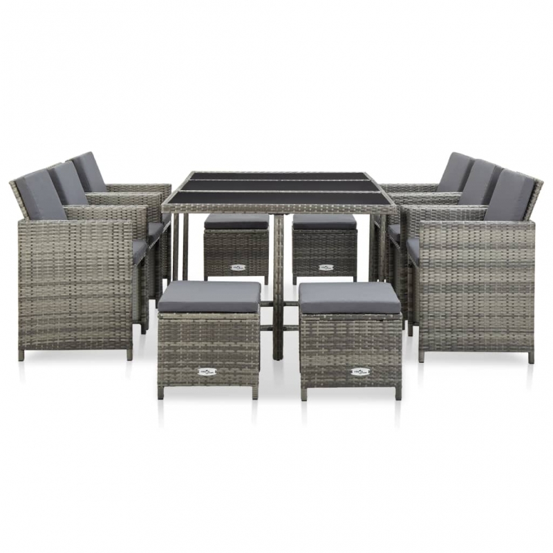 11-tlg. Garten-Essgruppe mit Auflagen Poly Rattan Grau
