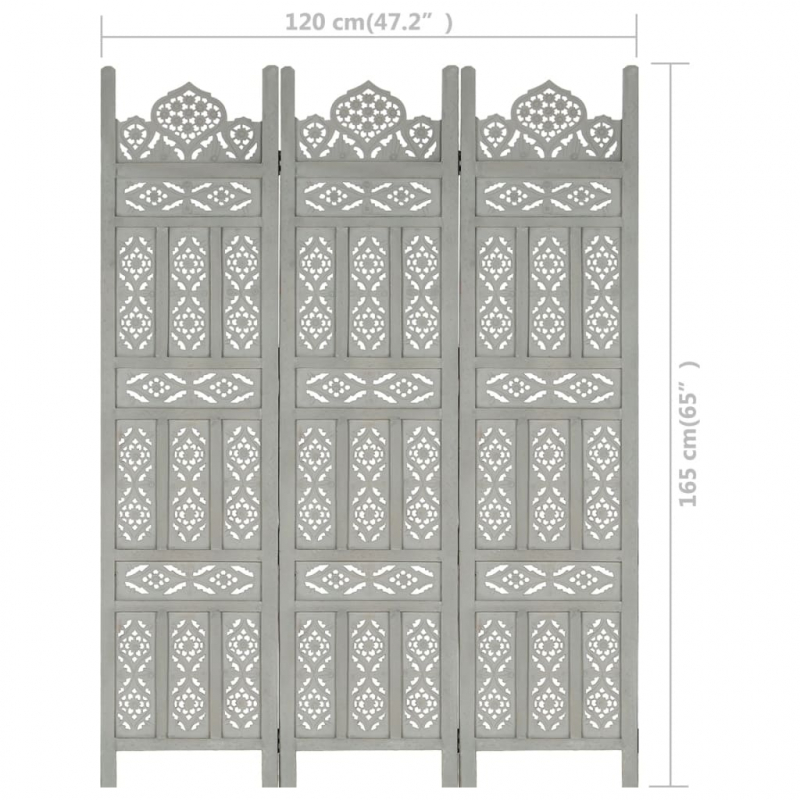 3tlg. Raumteiler Handgeschnitzt Grau 120×165cm Mango Massivholz