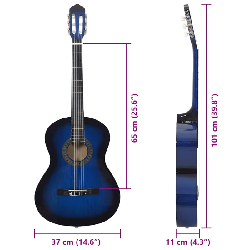Klassikgitarre für Anfänger Blau 4/4 39 Lindenholz