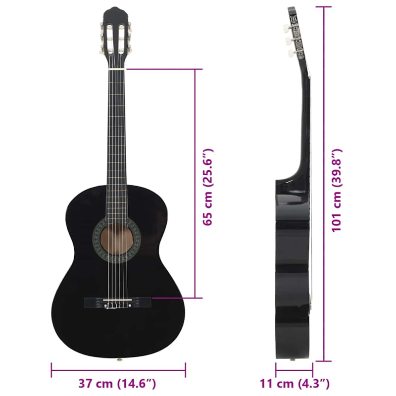 Klassikgitarre für Anfänger Schwarz 4/4 39 Lindenholz