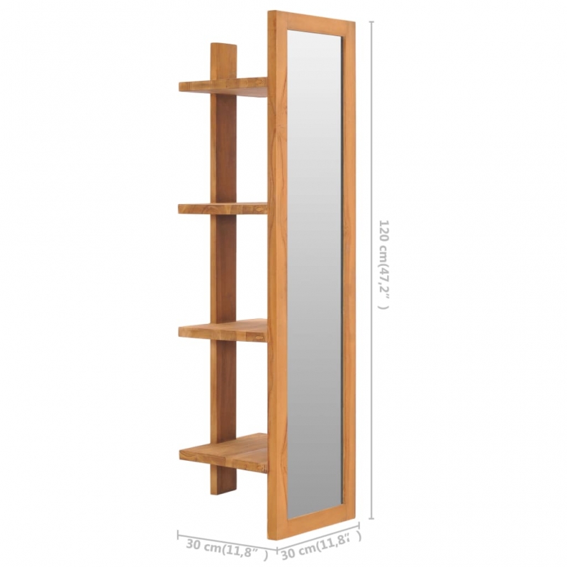 Wandspiegel mit Regalen 30×30×120 cm Teak Massivholz