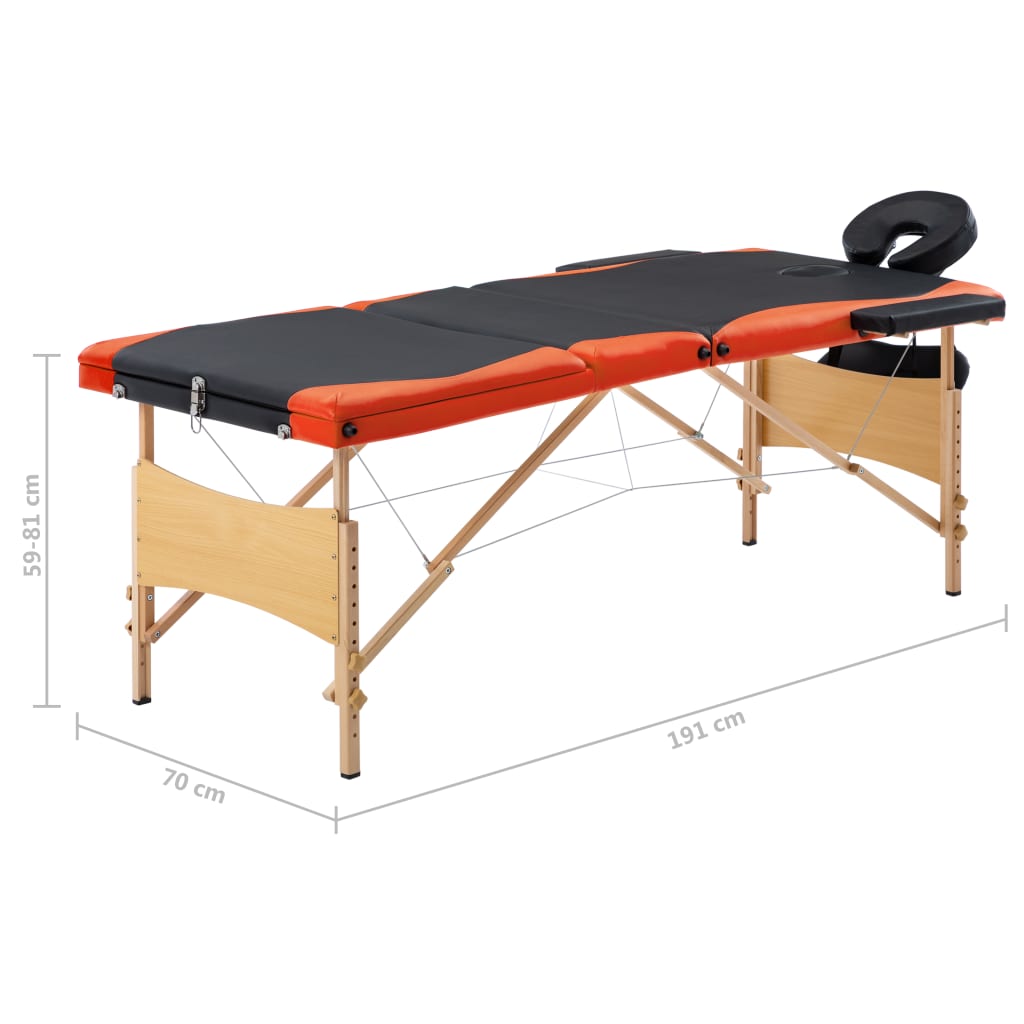 Massagetisch Klappbar 3 Zonen Holz Schwarz und Orange