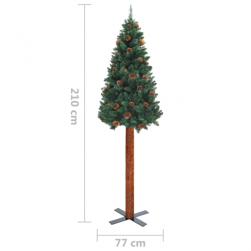 Weihnachtsbaum Schlank mit Echtholz und Zapfen Grün 210 cm PVC