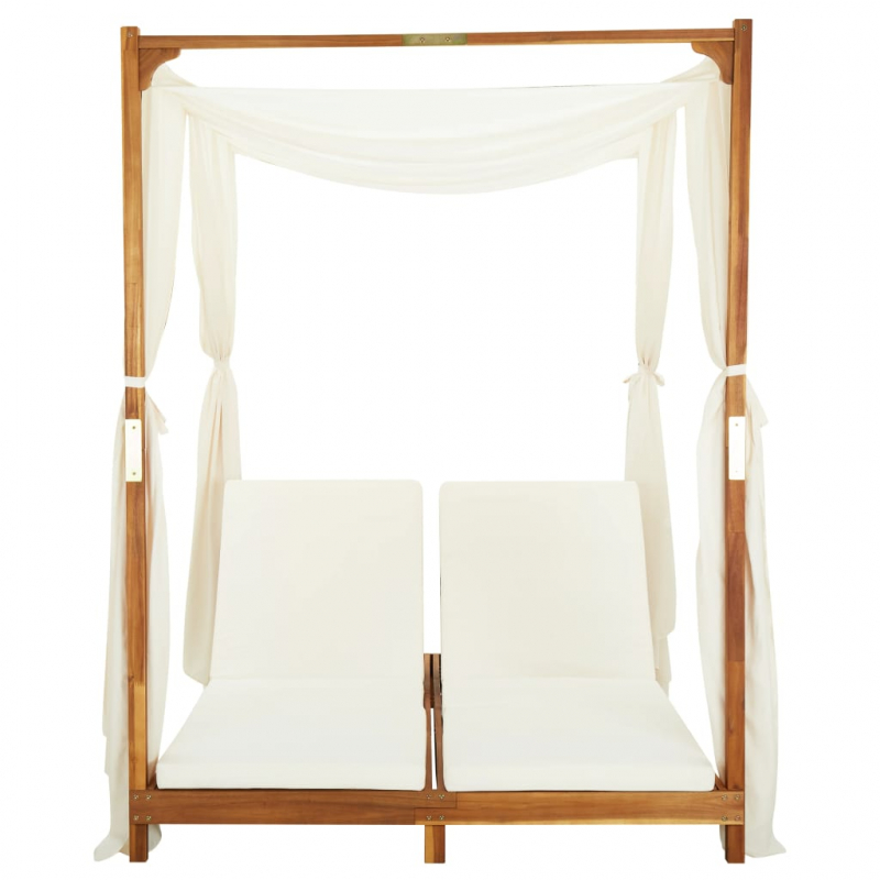 Doppel-Sonnenliege mit Vorhängen und Auflagen Akazie Massivholz