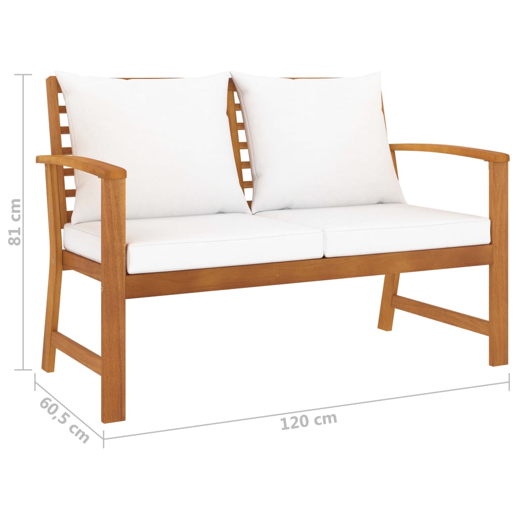 Gartenbank 120 cm mit Cremeweißen Kissen Massivholz Akazie