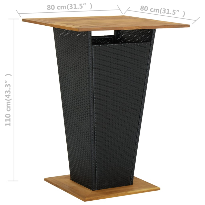 Bartisch Schwarz 80x80x110 cm Poly Rattan und Massivholz Akazie