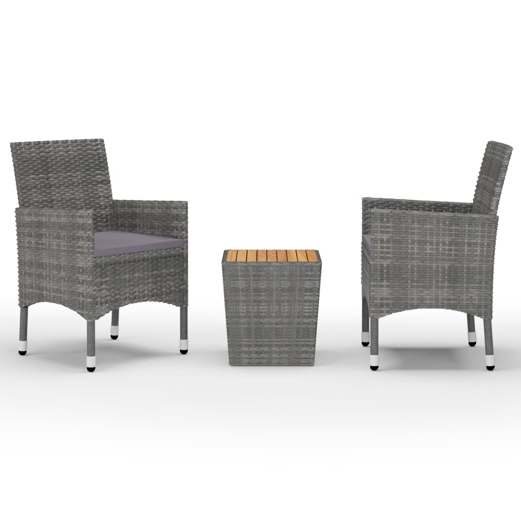 3-tlg. Bistro-Set Poly Rattan und Akazienholz Grau