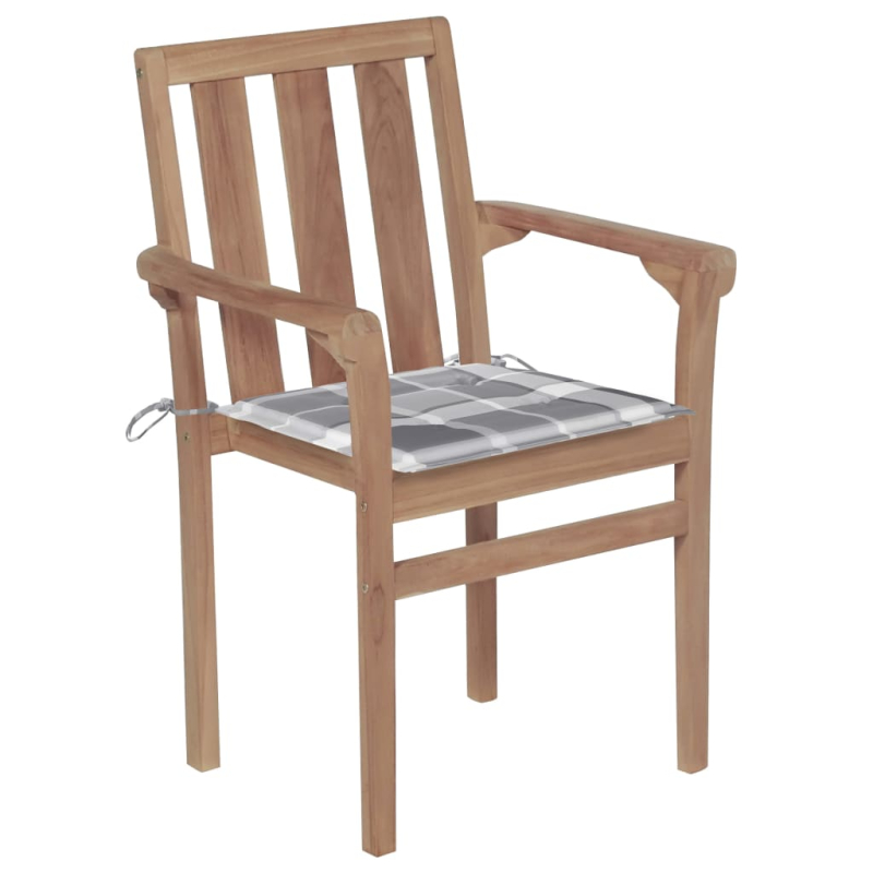 Gartenstühle 2 Stk. Graue Karomuster-Kissen Massivholz Teak
