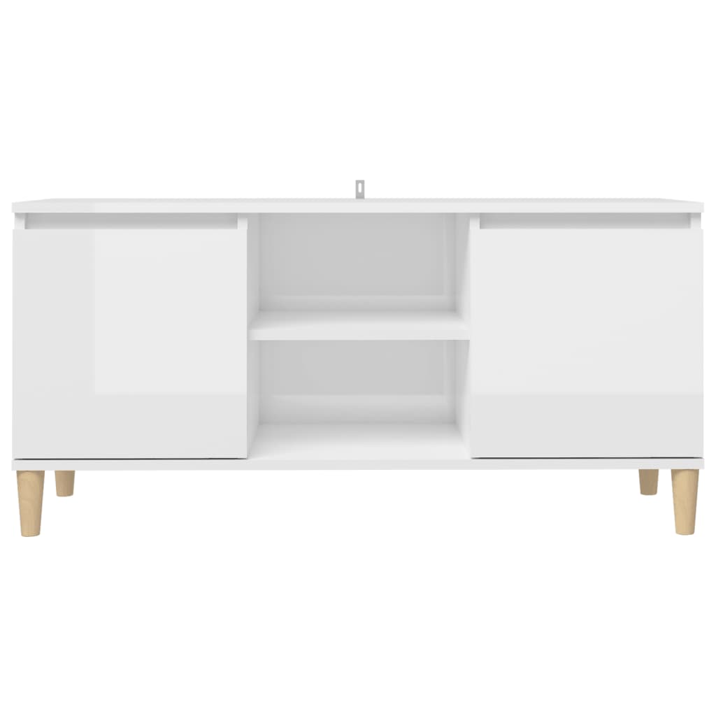 TV-Schrank mit Massivholz-Beinen Hochglanz-Weiß 103,5x35x50 cm