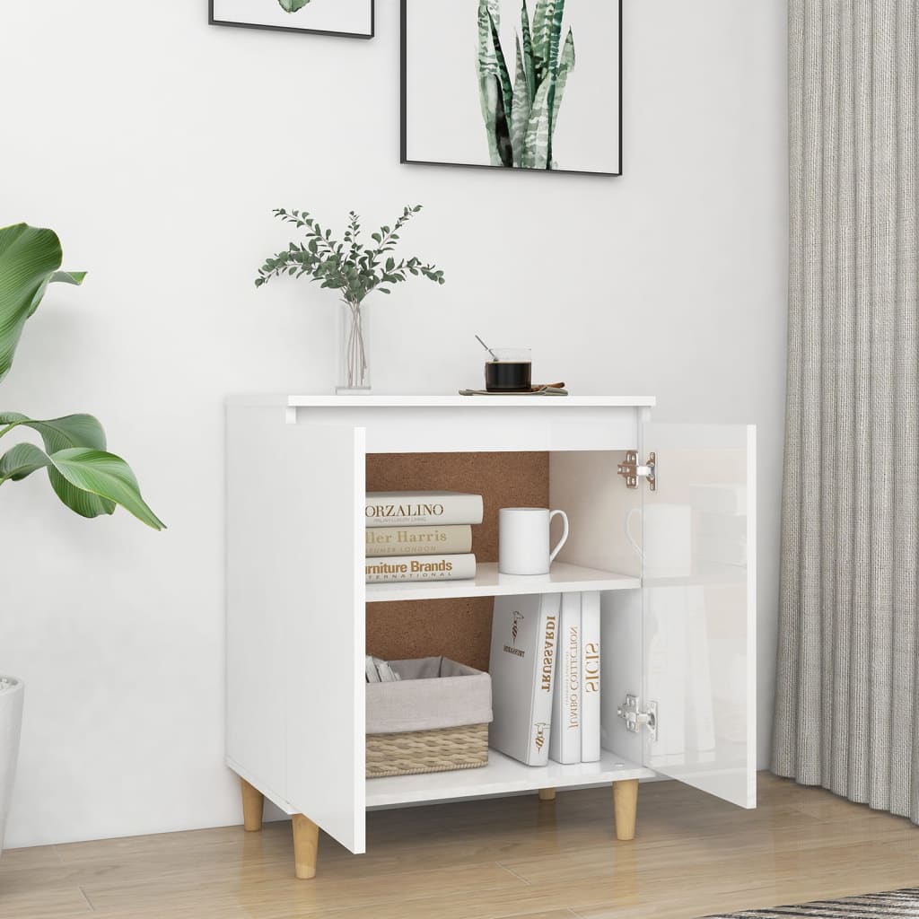 Sideboard mit Massivholz-Beinen Hochglanz-Weiß 60x35x70 cm