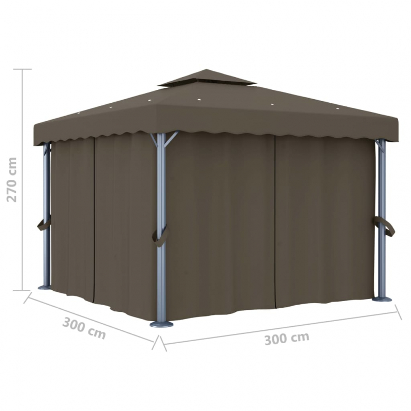 Pavillon mit Vorhängen & LED-Lichterkette 3x3 m Taupe