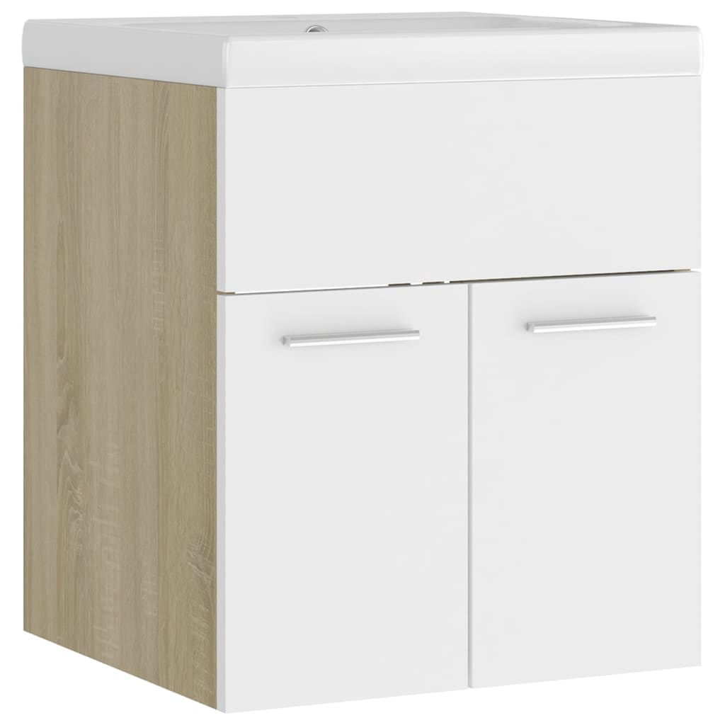Waschbeckenunterschrank mit Einbaubecken Weiß und Sonoma-Eiche