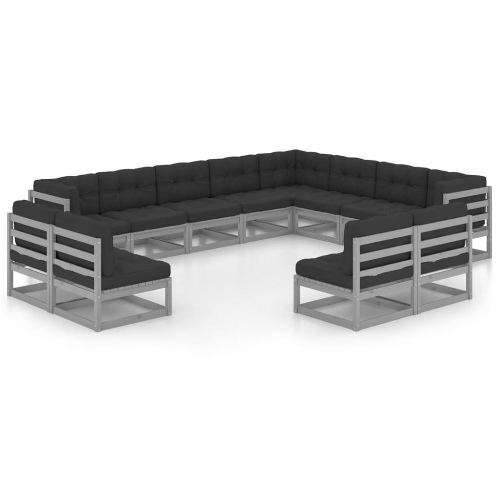 12-tlg. Garten-Lounge-Set mit Kissen Grau Massivholz Kiefer