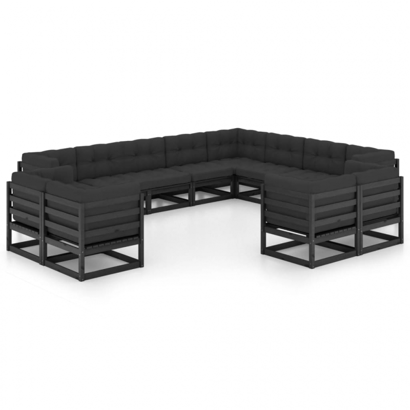 12-tlg. Garten-Lounge-Set mit Kissen Schwarz Massivholz Kiefer