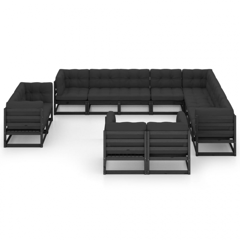 12-tlg. Garten-Lounge-Set mit Kissen Schwarz Massivholz Kiefer