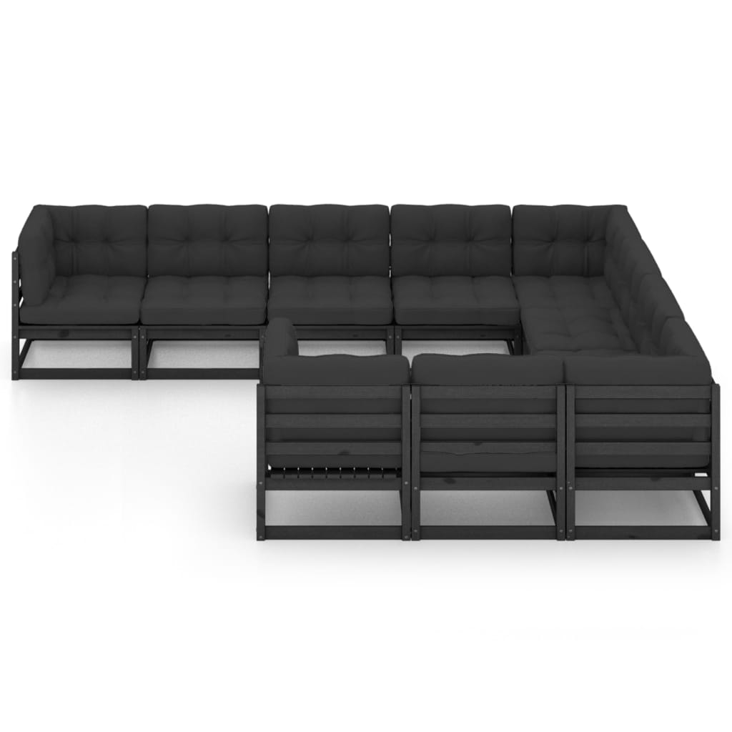 10-tlg. Garten-Lounge-Set mit Kissen Schwarz Massivholz Kiefer