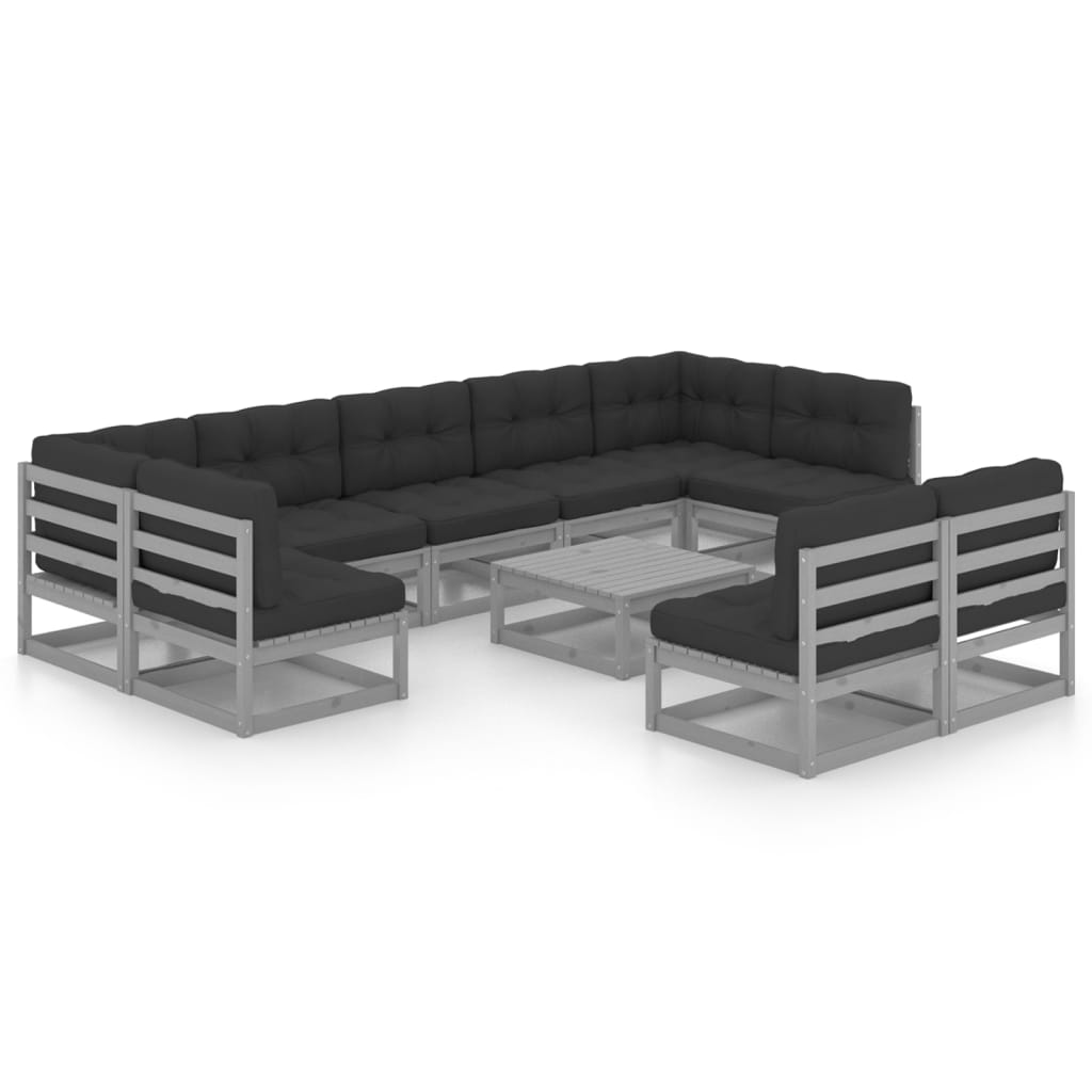 10-tlg. Garten-Lounge-Set mit Kissen Grau Massivholz Kiefer