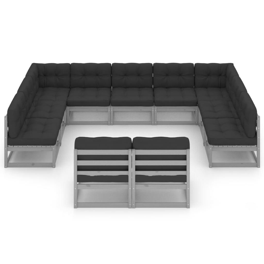 11-tlg. Garten-Lounge-Set mit Kissen Grau Kiefer Massivholz