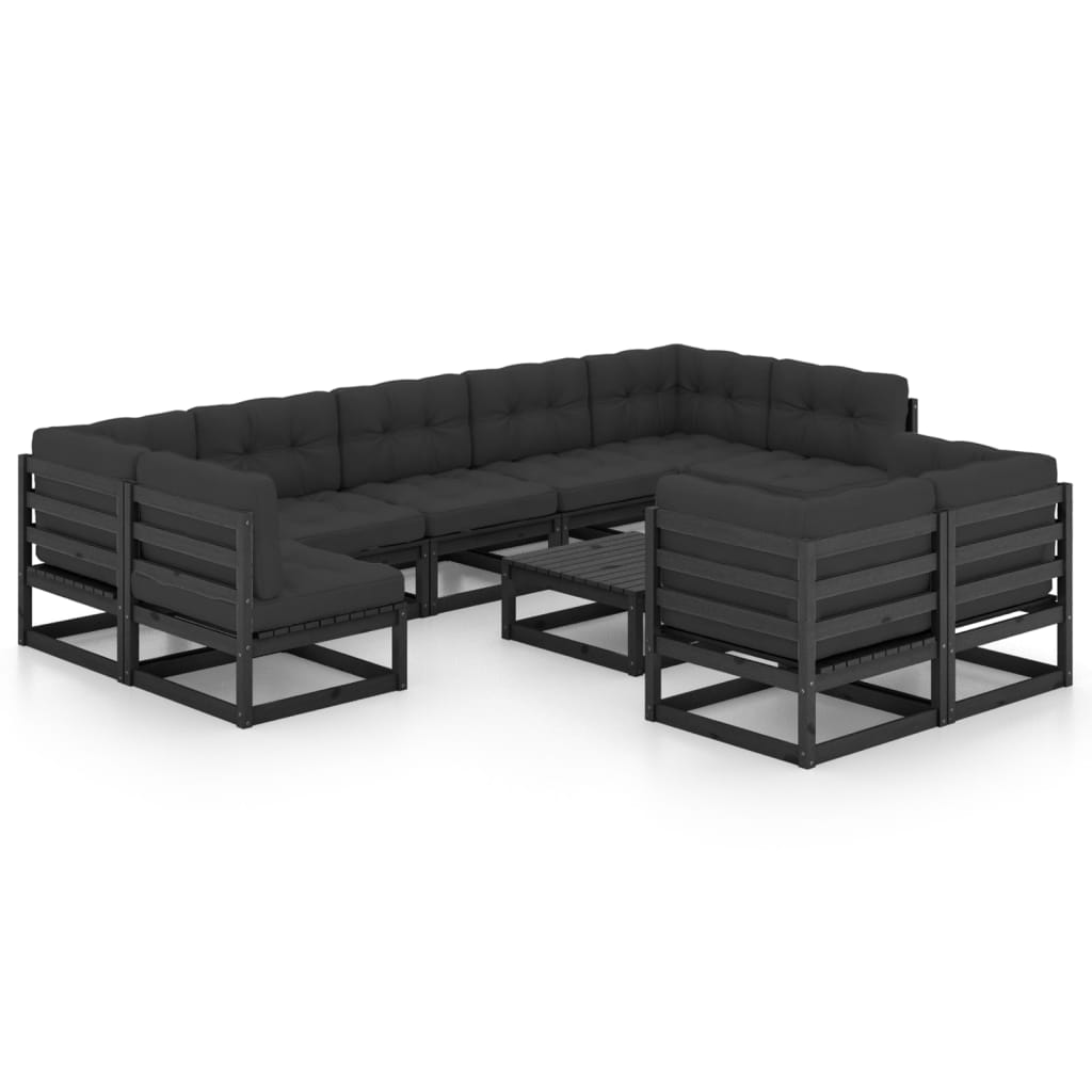 10-tlg. Garten-Lounge-Set mit Kissen Schwarz Massivholz Kiefer