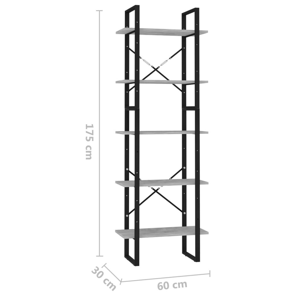 Bücherregal 5 Fächer Betongrau 60x30x175 cm Holzwerkstoff