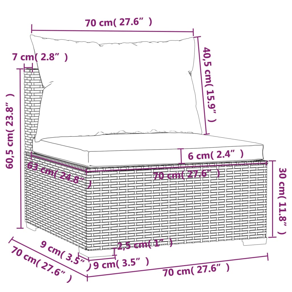 Garten-Mittelsofa mit Kissen Schwarz Poly Rattan