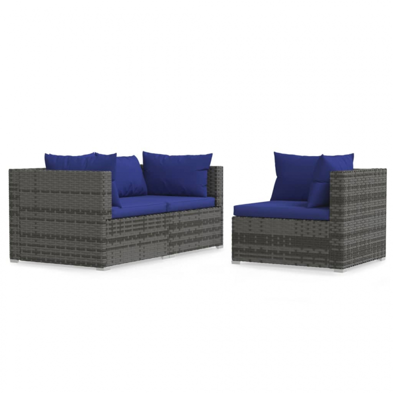 3-tlg. Garten-Lounge-Set mit Kissen Grau Poly Rattan