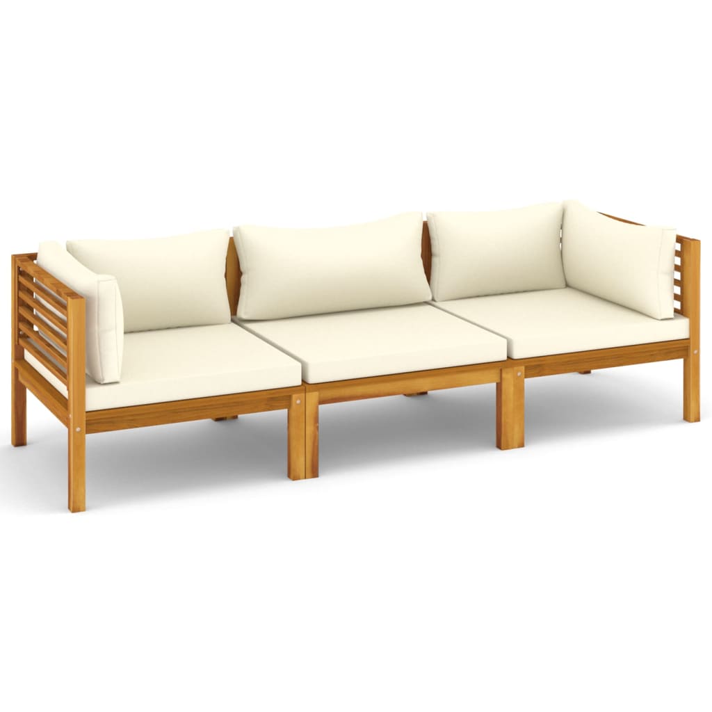 3-Sitzer-Gartensofa mit Creme Kissen Massivholz Akazie