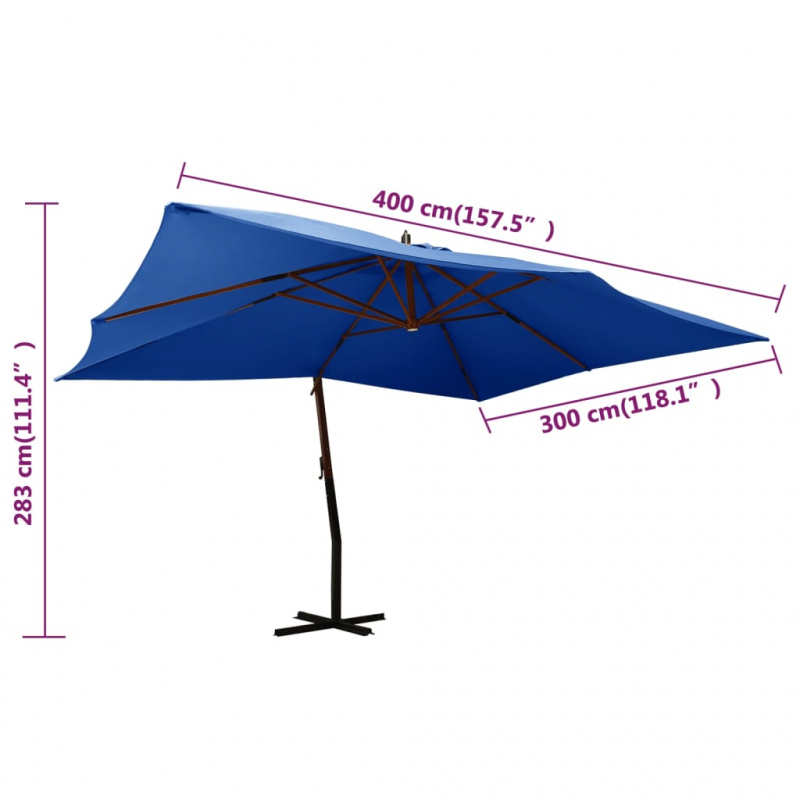 Ampelschirm mit Holzmast 400x300 cm Azurblau