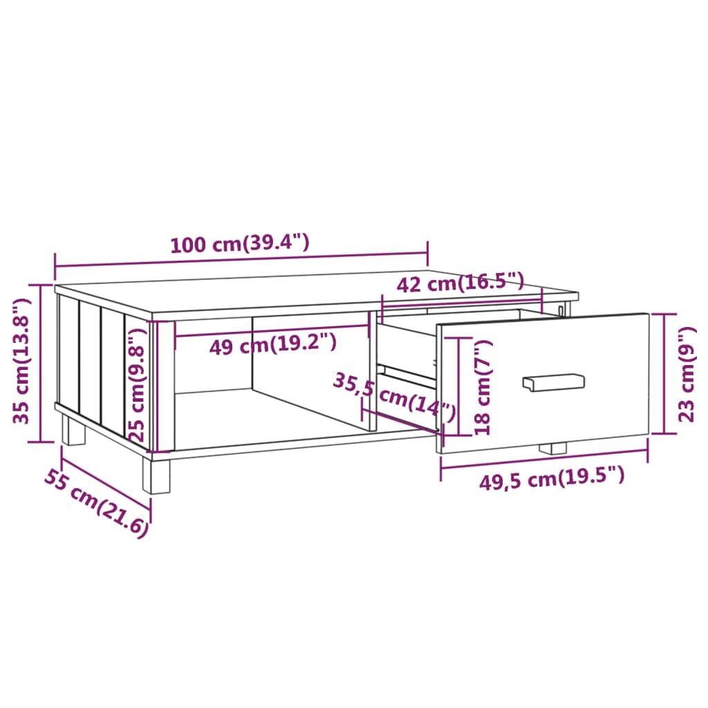 Couchtisch HAMAR Weiß 100x55x35 cm Massivholz Kiefer