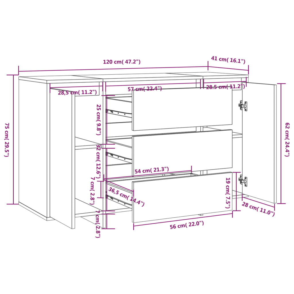 Sideboard 3 Schubladen Sonoma-Eiche 120x41x75 cm Holzwerkstoff