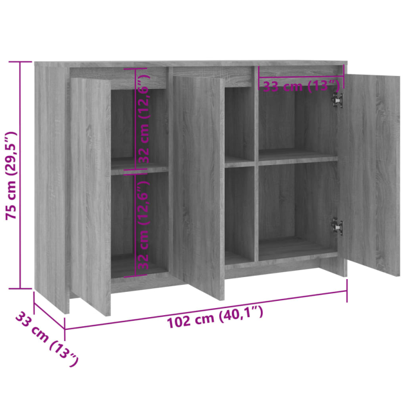 Sideboard Grau Sonoma 102x33x75 cm Holzwerkstoff