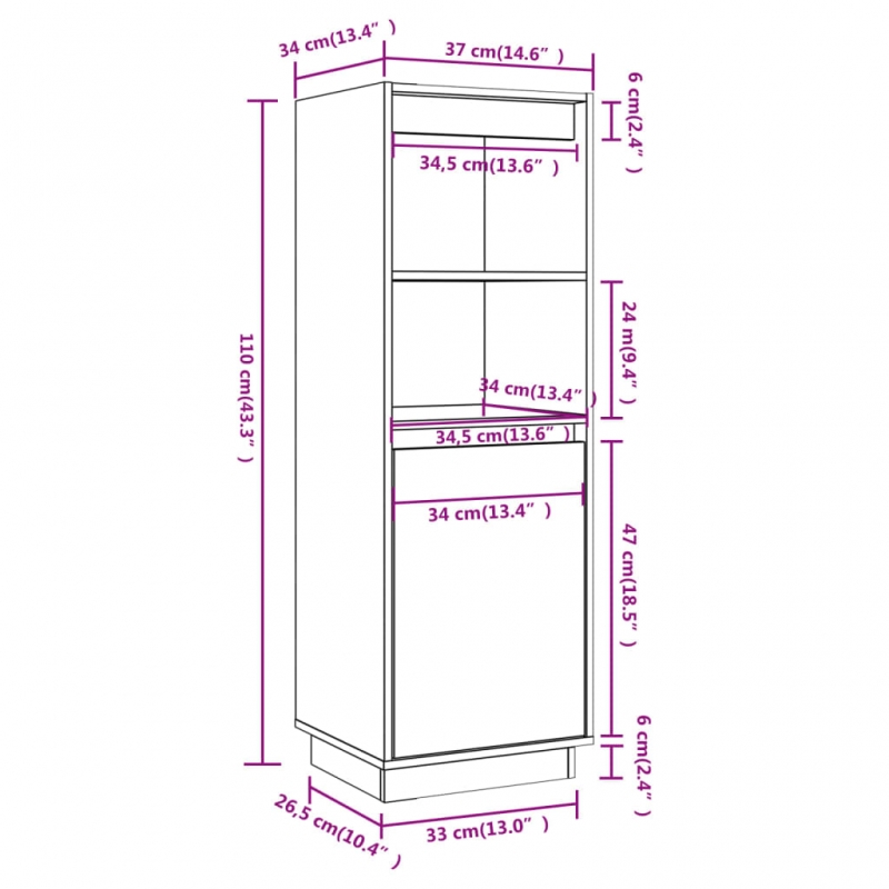 Highboard Grau 37x34x110 cm Massivholz Kiefer