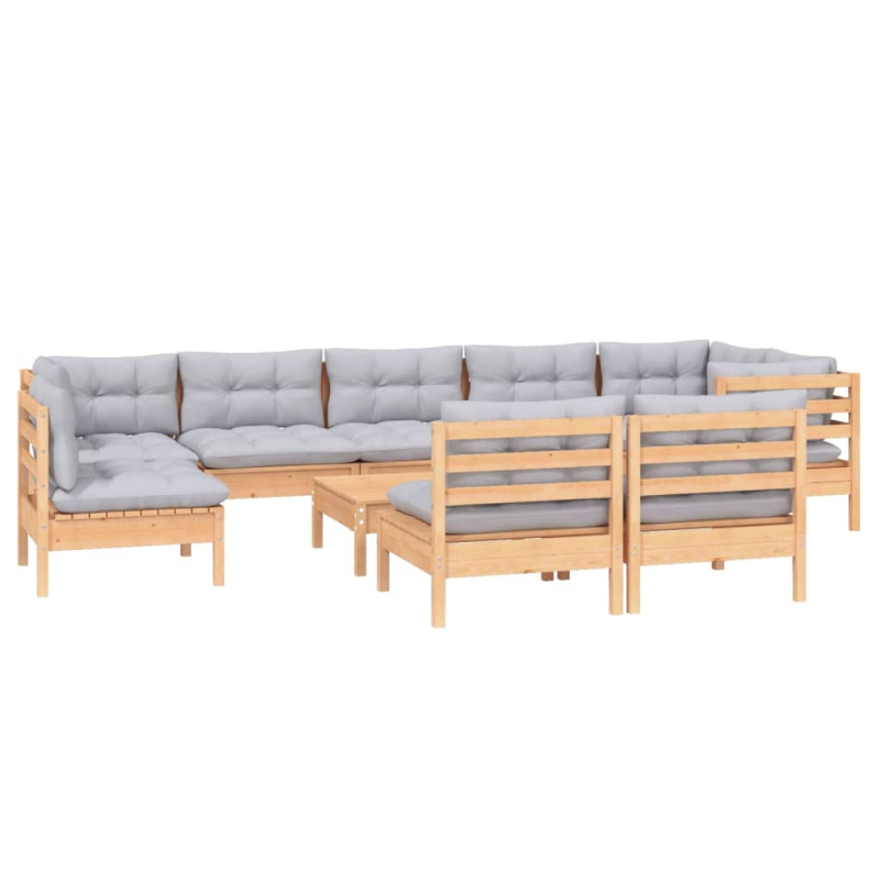 10-tlg. Garten-Lounge-Set mit Grauen Kissen Kiefer Massivholz