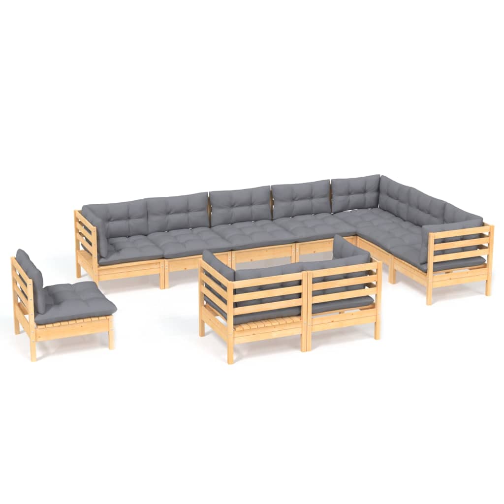 10-tlg. Garten-Lounge-Set mit Grauen Kissen Kiefer Massivholz