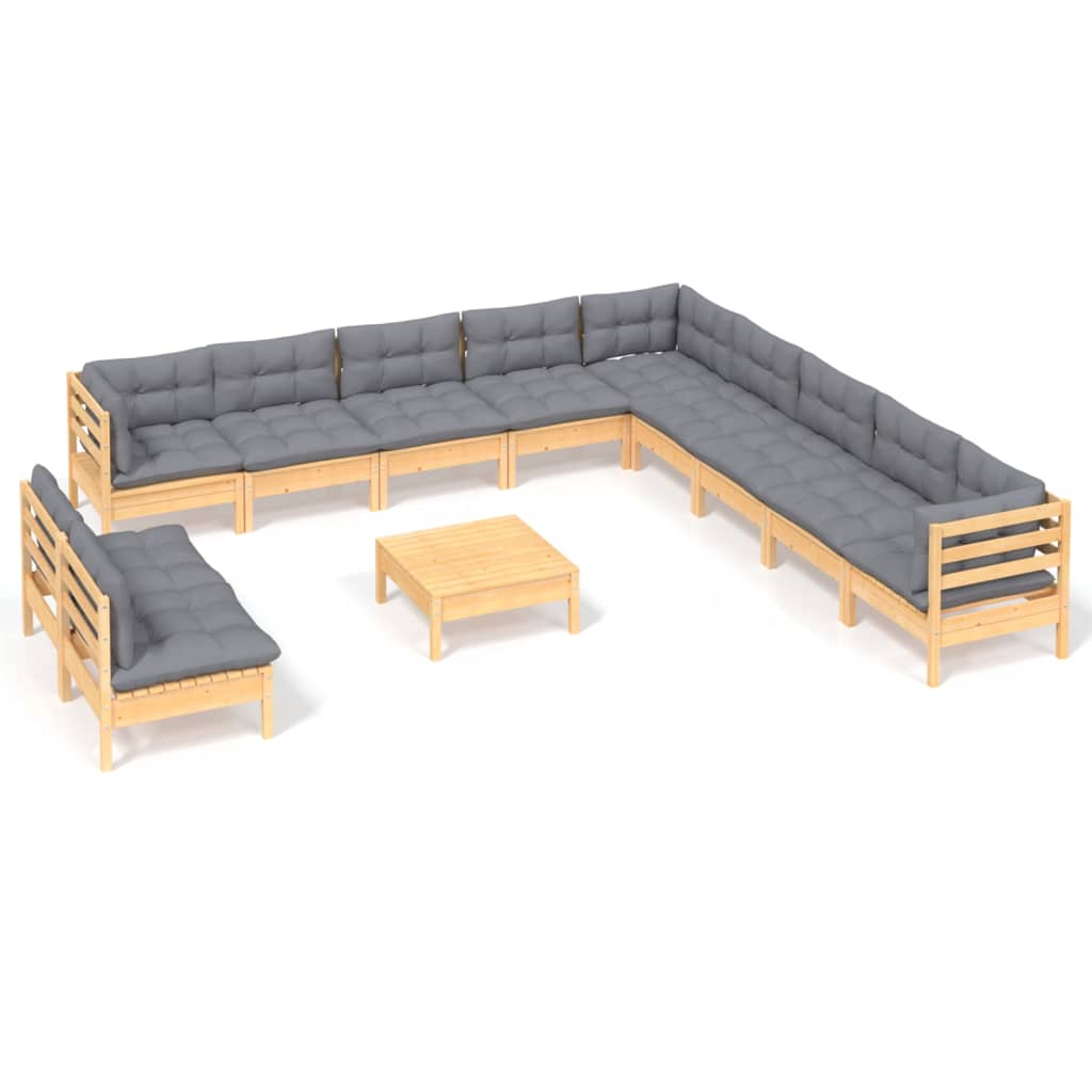 12-tlg. Garten-Lounge-Set mit Grauen Kissen Massivholz Kiefer