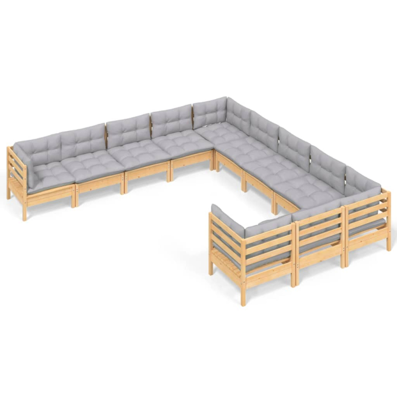 11-tlg. Garten-Lounge-Set mit Grauen Kissen Kiefernholz