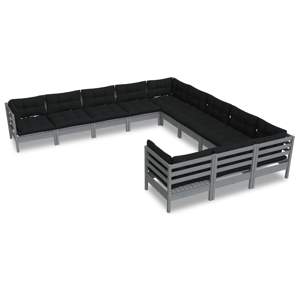 11-tlg. Garten-Lounge-Set mit Kissen Grau Kiefernholz