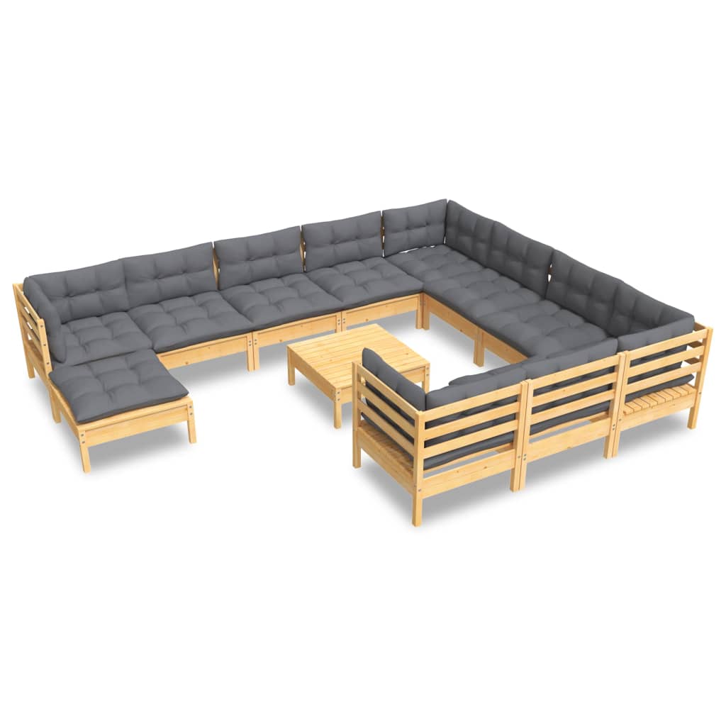 12-tlg. Garten-Lounge-Set mit Grauen Kissen Kiefernholz