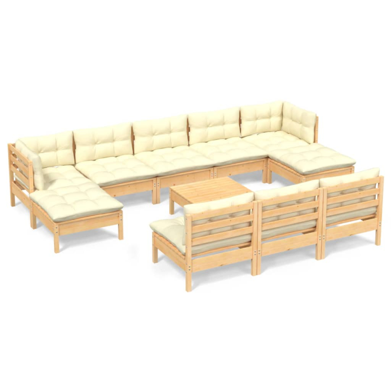 11-tlg. Garten-Lounge-Set mit Creme Kissen Kiefernholz